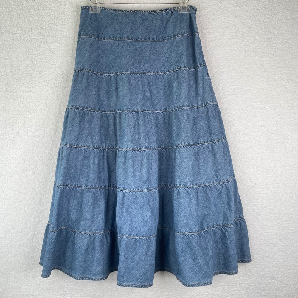 Zena Jeans Womens Blue Tiered Denim Maxi Skirt Size 12 Boho Cottagecore Skirt